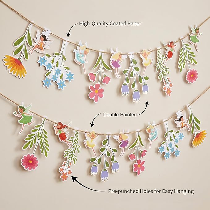 48Pcs Flower Fairy Banner Decorations Floral Designs Wildflower Garland – with 5m Jute Rope, for Baby Shower, Wedding, Easter Backdrop, Enchanted Garden Party Supplies (Fairy)