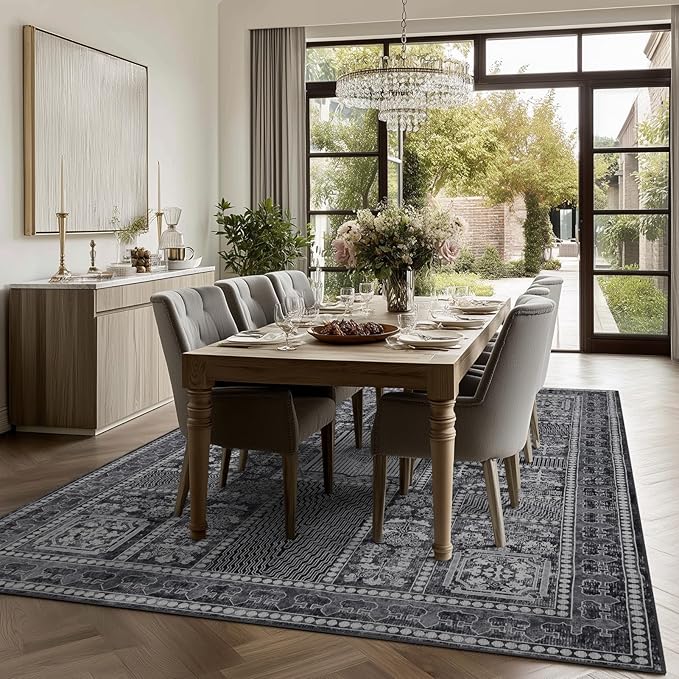Washable Rugs 5x7 Area Rugs for Living Room, Thin Carpet for Bedroom, Soft Faux Wool Retro Dining Room Rug，Non Slip&Non-Shedding Resistant Low Pile Vintage Print Rug for Home Office (Grey)