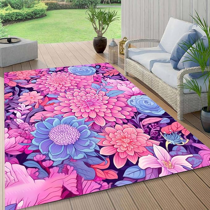 Vibrant Floral Outdoor Rug Modern Flower Texture Rugs for Patio Deck Porch Balcony Waterproof Non Slip Camping Garden Large Outside Carpet Easy Clean Machine Washable Pool Mat Pink Purple 7x10