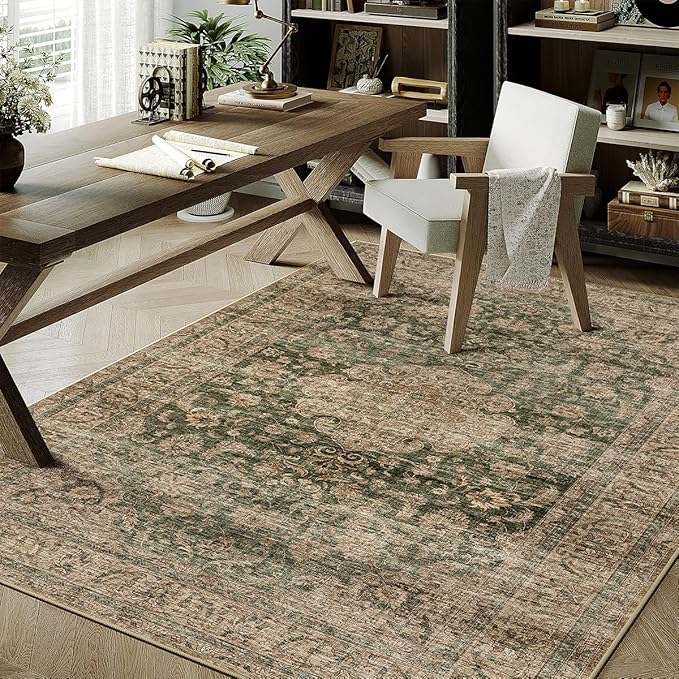 4x6 Washable Vintage Area Rug Green Brown Entryway Office Carpet Non-Slip Soft Low Pile Distressed Indoor Throw Rug for Living Room Bathroom Dining Room