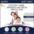 Zippered Waterproof Mattress Encasements - Hypoallergenic Mattress Protector Cover with Soft Cotton Terry Fabric Top - Queen Size 60' x 80'