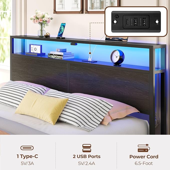 Rolanstar Queen Bed Frame with 4 Storage Drawers & 2-Tier Storage Headboard