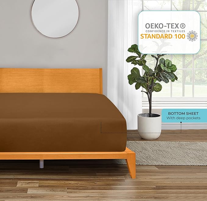 ROYALE LINENS 300 Thread Count 100% Long Staple Combed Cotton Fitted Sheet Full - Super Soft Deep Pocket Bottom Sheet - Fitted Sheets Only - Elastic Sheets (Full, Chocolate)