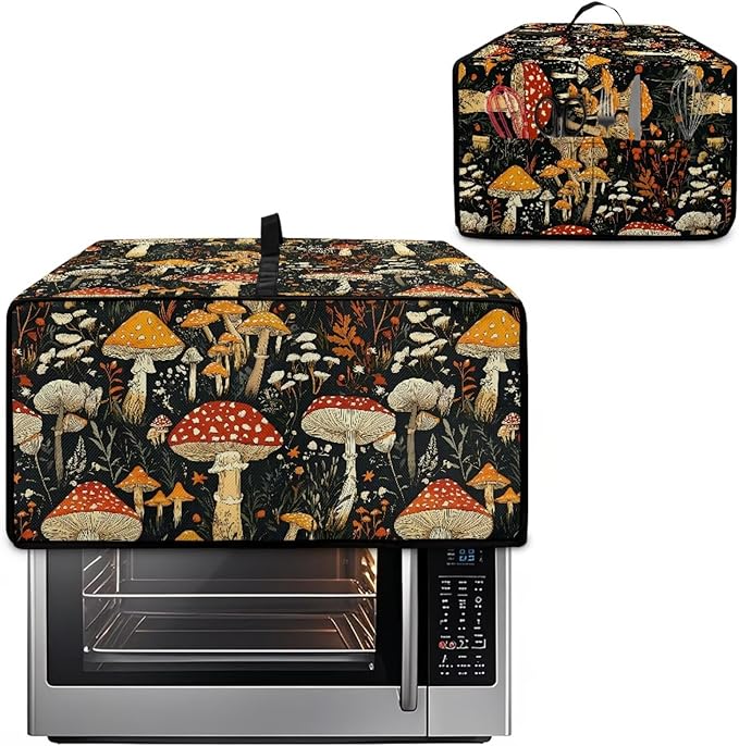 Dustproof Toaster Oven Cover Polyester-Linen Fabric Microwave Oven Dust Cover Foldable Kitchen Appliance Protector Dirt and Fingerprint Protection, Vintage Mushroom Plant Print, L
