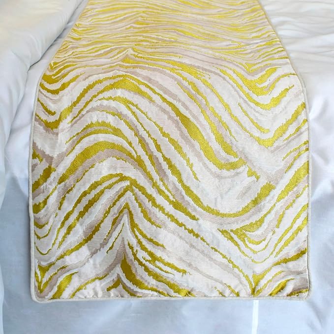 The HomeCentric King/Queen/Twin Yellow & Grey Decorative Bed Runner Queen 74"x18" Bed Runner with Two Pillow Cover, Abstract Wave Pattern Bed Scarf on Jacquard Fabric - Yellow Whirls