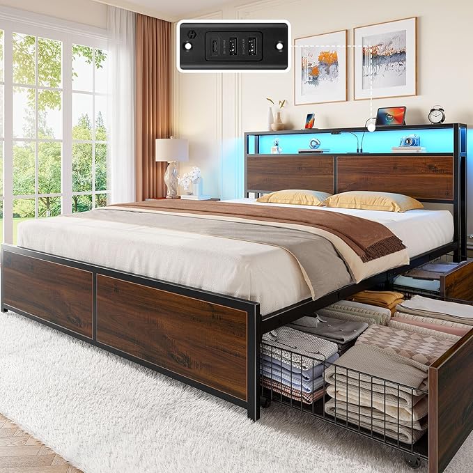Rolanstar Queen Bed Frame with 4 Storage Drawers, Charging Station and LED