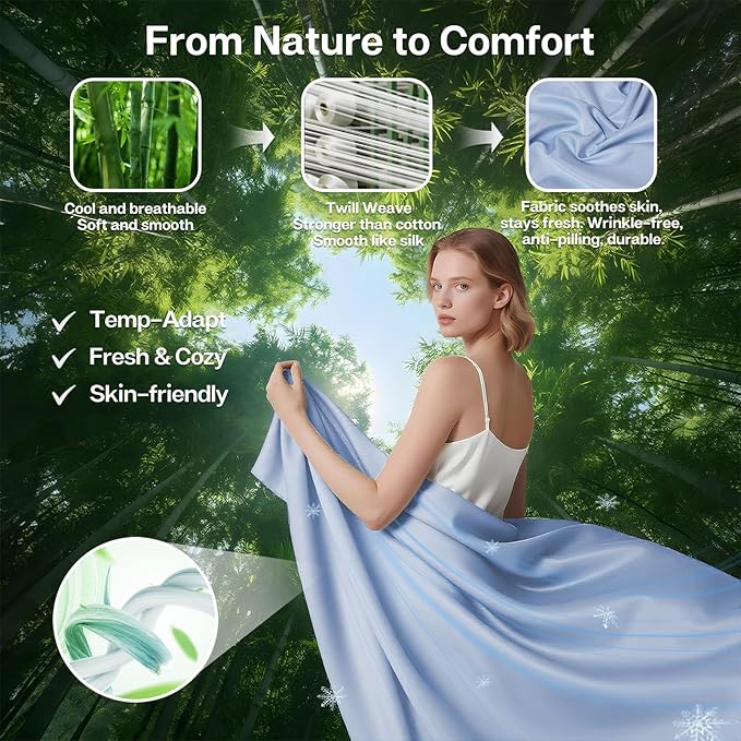 MR&HM Twin Fitted Sheet Only, Ultra-Soft Rayon Derived from Bamboo & Polyester Blend, Silky & Breathable, 15" Deep Pocket with Elastic Straps, Cooling Fitted Sheet for Hot Sleepers, Light Blue