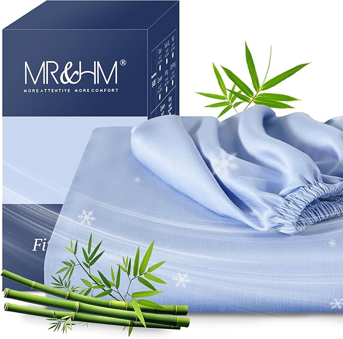 MR&HM Twin Fitted Sheet Only, Ultra-Soft Rayon Derived from Bamboo & Polyester Blend, Silky & Breathable, 15" Deep Pocket with Elastic Straps, Cooling Fitted Sheet for Hot Sleepers, Light Blue