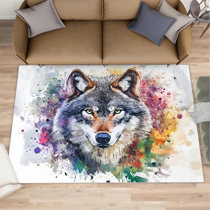 Wolf Rugs for Bedroom - 3x4 Area Rug - Graffiti Wolf Rugs for Living Room, Abstract 3D Animal Graffiti Rug, Washable Home Decor Carpet
