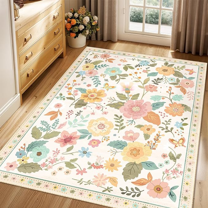 Floral 3x5 Area Rug Machine Washable Soft Print Boho Carpet Non Slip Doormat Low Pile Flower Area Rugs for Living Room Bedroom Nursery Kitchen Dining Room Indoor-Beige/White/Orange