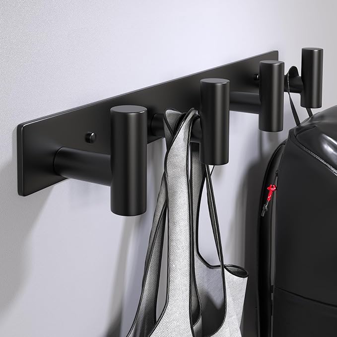 Wall Mounted Coat Rack-4 Hooks, Heavy Duty Stainless Steel Wall Hooks for Towel Coat Bag, Hat Rack Coat Hanger Coat Hooks Towel Racks for Bathroom Entryway Kitchen Hotel Office (Black, 1 Pack)