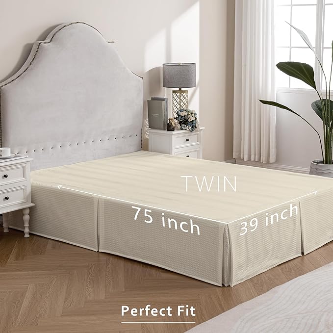 MIYE Pleated Waffle Weave Bed Skirt, Tailored Dust Ruffle 16 Inch Drop Easy Fit, Machine Washable,No Split Corners (Light Beige, Twin - 16" Drop)