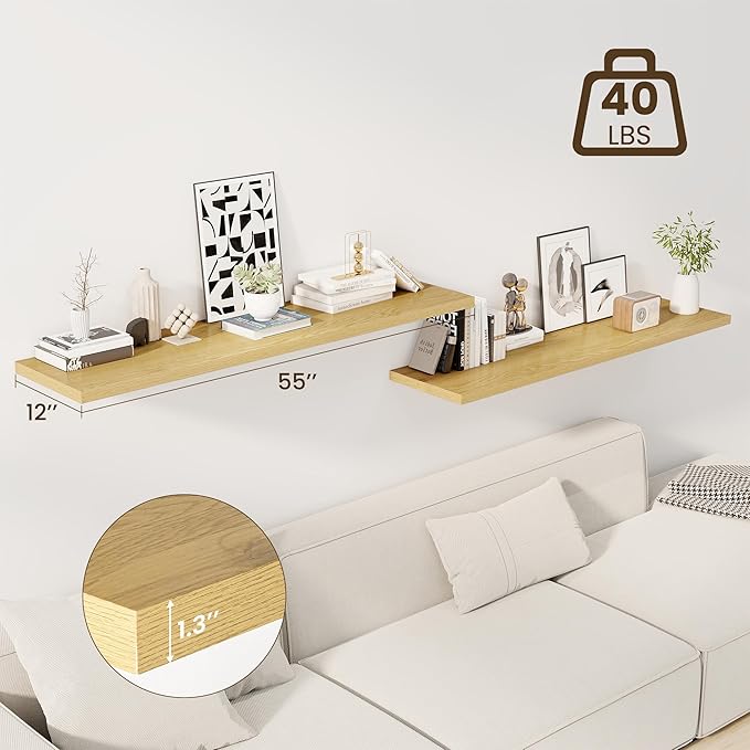 Dreamland 55" Floating Shelves for Wall, 12" Deep Slim Oak Floating Shelves, Wall-Mounted Shelves for Bedroom, Living Room, Kitchen, Bathroom - Set of 2