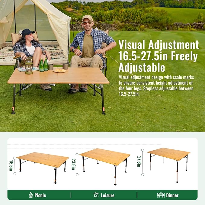 KingCamp Bamboo Folding Table, 2-Fold Camping Adjustable Height Portable Outdoor Lightweight & Compact Table with Aluminum Frame for RV Picnic BBQ