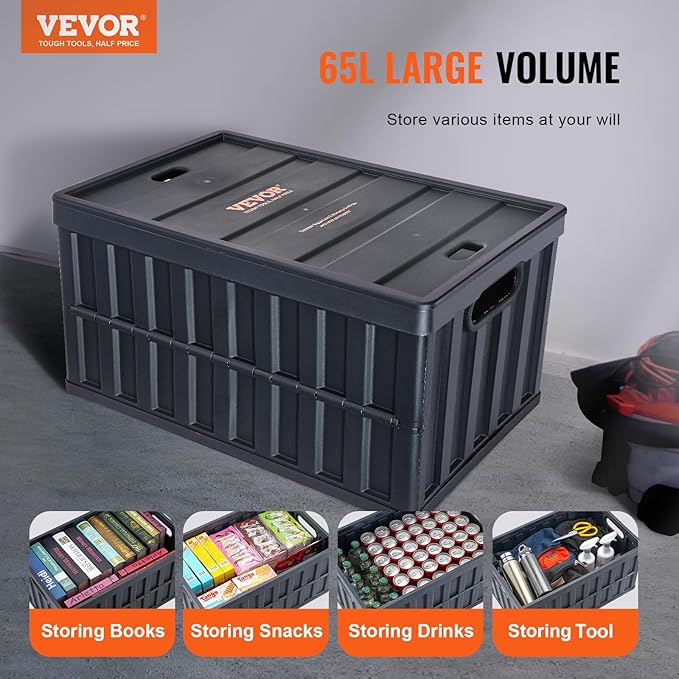 VEVOR 65L Collapsible Storage Bins with Lids 3 Packs, Stackable Utility Crates with Handles, Large Folding Containers for Organizing Tools, Books, Food, Drinks, Camping&Transport