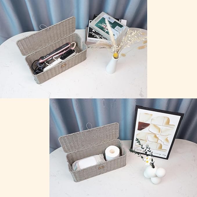 BROWNLILY Cable Management Box, Rattan Style Cord Organizer for Desk Cord Hider Outlet Covers Baby Proofing for Power Strip TV PC Router Charger Under Desk Storage with Lockable Lid and Cable Ties