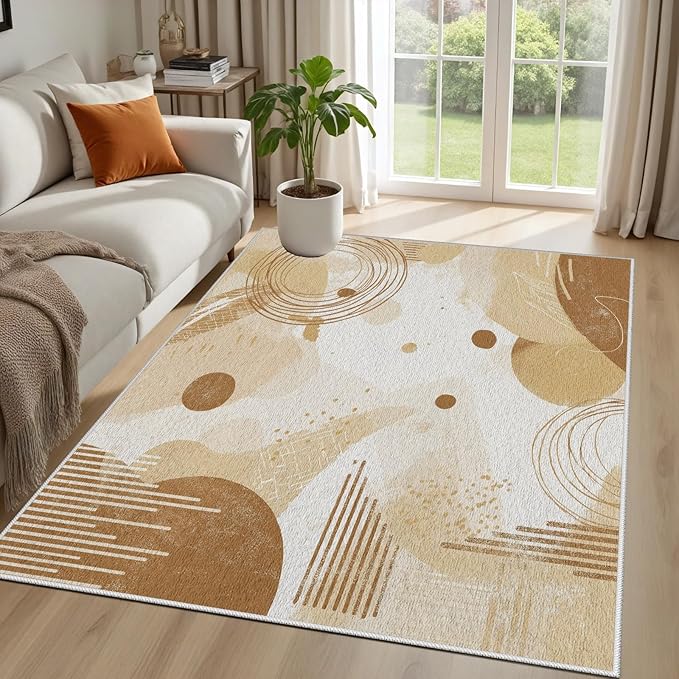 Minimalist Abstract Area Rug 4x6 Beige Boho, Modern Washable Geometric Art Carpet, Soft Non-Slip Low-Pile Carpet for Living Room, Bedroom, Kitchen, Dining Room, Pet Friendly, Non-Shedding, Brown