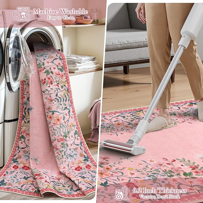 Wonnitar Washable Rug, 5x7 Pink Rugs for Living Room, Floral Print Non-Slip Area Rugs for Bedroom Girls, Soft Large Throw Carpet for Kids Nursery Room (Pink,5'x7')