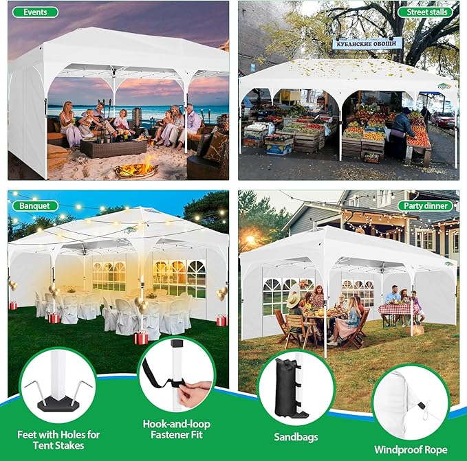COBIZI 10x20 Pop up Canopy Tent with 4 Sidewalls Outdoor Canopy Tent for Party with Push Center Lock & Air Vent, 2000mm+Waterproof Gazebo Canopy UPF 50+with 4 Sandbags,12 Stakes & 6 Ropes,White