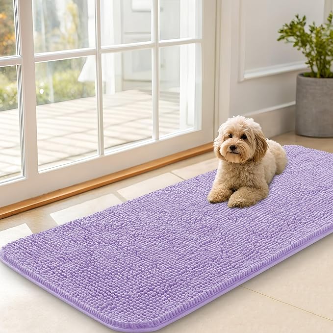 OLANLY Dog Door Mat for Muddy Paws 47x20, Absorbs Moisture and Dirt, Absorbent Non-Slip Washable Doormat, Quick Dry Chenille Mud Mat for Dogs, Entry Indoor Entryway Carpet for Inside Floor, Lavender