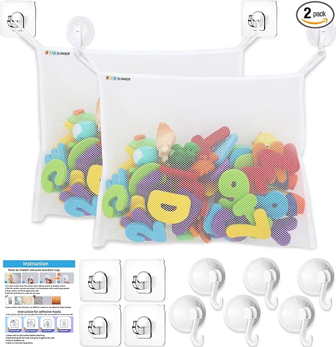 Bath Toy Net for Tub – Large Bath Toy Storage, Mesh Bath Toy Holder for Bathtub, Quick Dry Bathroom Bag for Kids Shower, Hanging Basket Organizer with Strong 6 Suction Cups 4 Adhesive Hooks, 2 Pack
