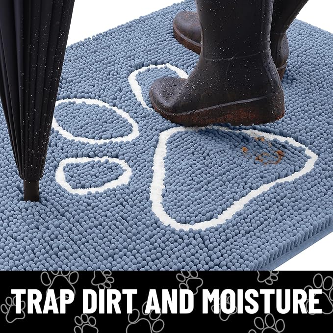 Smiry Dog Door Mat for Muddy Paws, Absorbent Dirt Trapper Non Slip Quick Dry Washable Chenille Mat for Mud Dogs, Entry Rug for Indoor and Outdoor (30x20 Inches, Airy Blue and White)