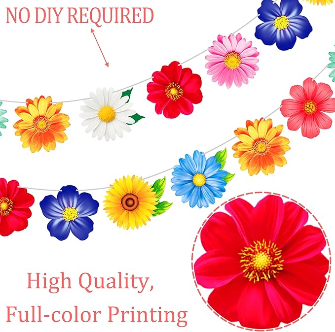 2pcs Colorful Daisy Flower Garland Banner, Spring Summer Floral Bunting Hanging Decor for Birthday Baby Shower Wedding Garden Tea Pool Party Supplies