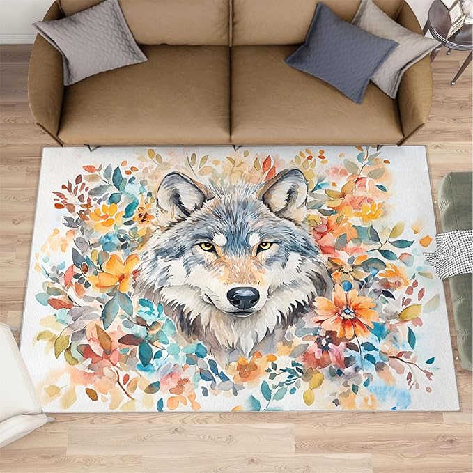 4x6 Wolf Cafe Rug - Watercolor Florals Rugs for Bedroom Aesthetic, Animals Soft Comfortable Non-Slip for Offie Bedroom Study Boy Girl Room Hotel Dorm