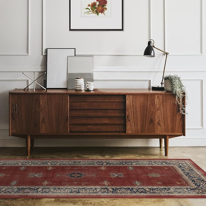 RUGGABLE Washable Vintage Area Rug – Verena Amber Red 8x10, Stain-Resistant, Non-Slip – Large Machine Washable Rugs for Living Room, Bedroom, Hallway, Entryway & Office–with Standard Pad