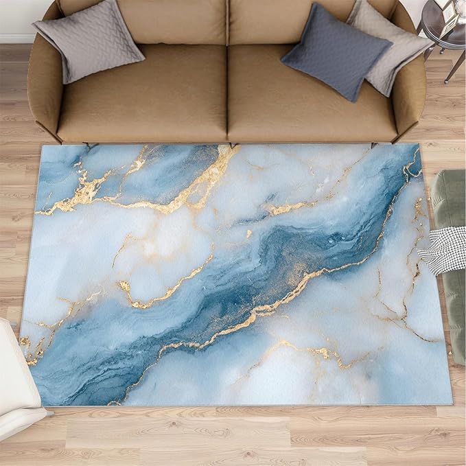 5x7 Abstract Marble Rugs for Bedroom - Blue-White-Marble Print Rug, Luxury Stone Pattern Rug Non Slip Soft Rugs for Living Room Hardwood Floors Teen Room