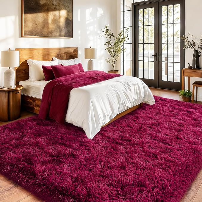 Burgundy Plush Rug for Living Room Fuzzy Carpet for Bedroom Dorm, Non-Slip High Pile Rug, Shag Rug for Playroom Nursery Home Office Decor 4X6 Ft