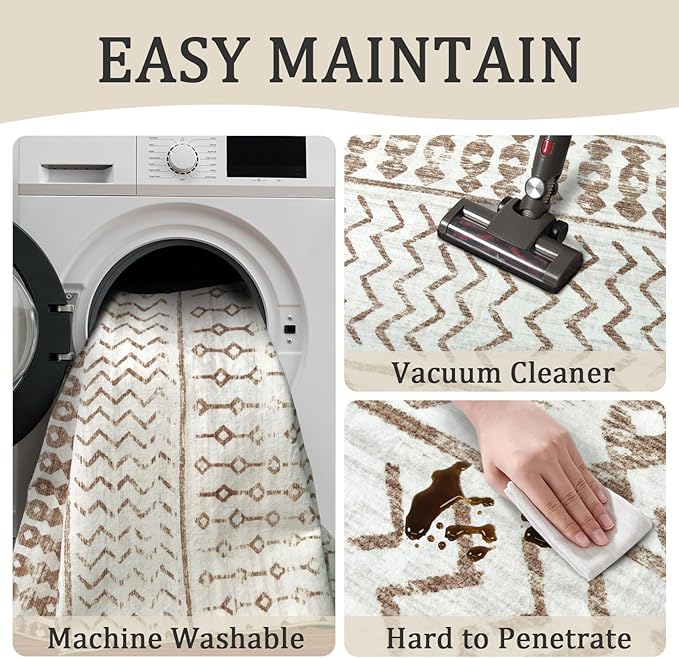 8x10 Machine Washable Area Rug for Living Room, Brown White Vintage Moroccan Rug Large Non-Slip Low Pile Soft Faux Wool Carpet, Kids and Pets Friendly for Bedroom Dining Room Farmhouse Home Decor Rug