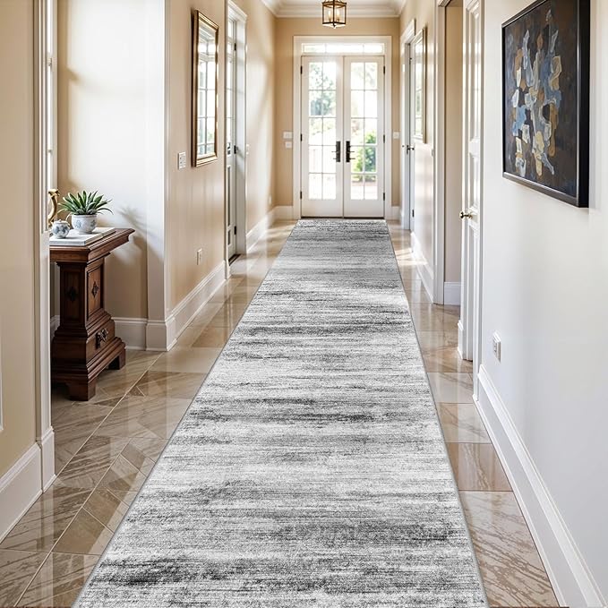 3x20 Washable Hallway Runner Rug: Extra Long Runners for Entryway Living Room Dining Room - Stain and Water Resistant Rugs with Non-Slip Backing - Soft Low-Pile Carpet 20ft Grey