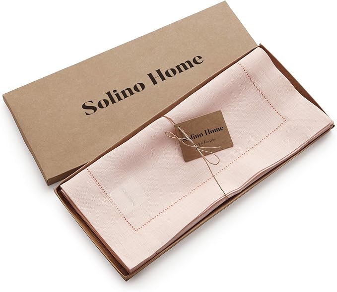 Solino Home Linen Pink Table Runner 90 Inches Long - 100% Pure Linen Hemstitch 14 x 90 Inch Table Runner for Dining, Christmas - Classic Hemstitch