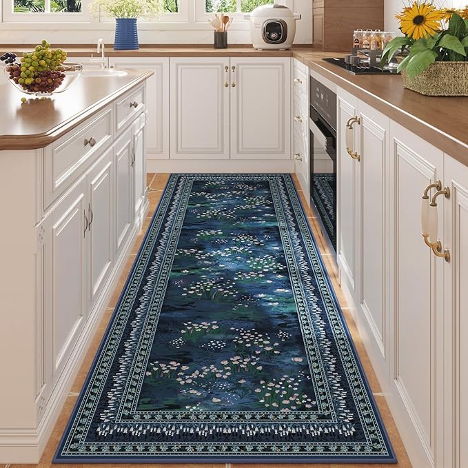 Rugcomf 2x6 Runner Rug Impressionist-Style Vintage Kitchen Rugs Non Slip Washable Soft Carpet Runner for Kitchen Laundry Bedroom Bathroom, Blue