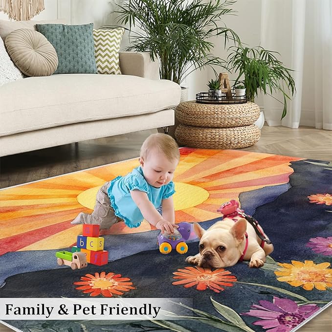 Boho Sun Runner Rugs 2x4ft, Radiant Sunburst Small Entryway Mats, Geometric Solar Laundry Room Rug Non Slip Durable Throw Rugs for Front Door Bedroom Bedside