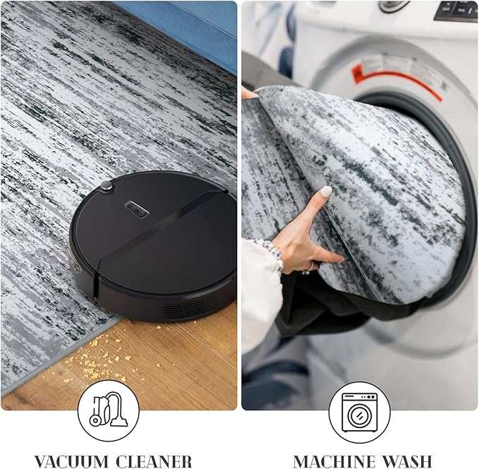 Modern Abstract Runner Rug 2.6x12, Black Grey White Washable Long Kitchen Runner Non-Slip Soft Hallway Rug Runner Thin Print Faux Wool Carpet for Entryway Bedroom Laundry Room Indoor Home Decor