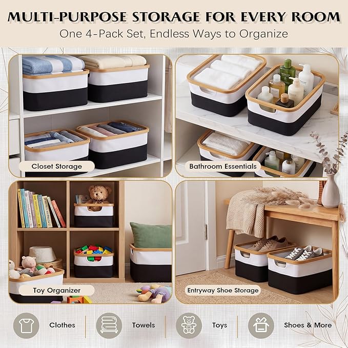Hushee 4 Pack Bamboo Fabric Storage Bins for Shelves, 15"x10"x7.9" Collapsible Storage Baskets for Organizing, Two-Tone Foldable Bins for Clothes, Towels, Linens(White and Black)