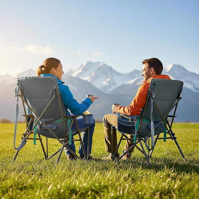 Timber Ridge Oversized Camping Chair with Lumbar Support, Portable Folding Chair Heavy Duty for Adults Supports 450 LBS for Outdoor Camping Lawn, with High Back, Cup Holder, Side Pocket, Blue