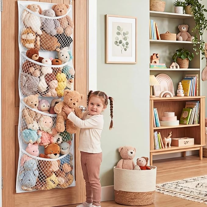 Ofiray-home Over The Door Stuffed Animal Storage, Cotton Toy Organizer for Storage Plush Toys, Stuffed Animal Holder with 4 Large Pockets, Hanging Door Organizer for Nursery, Bedroom (White)