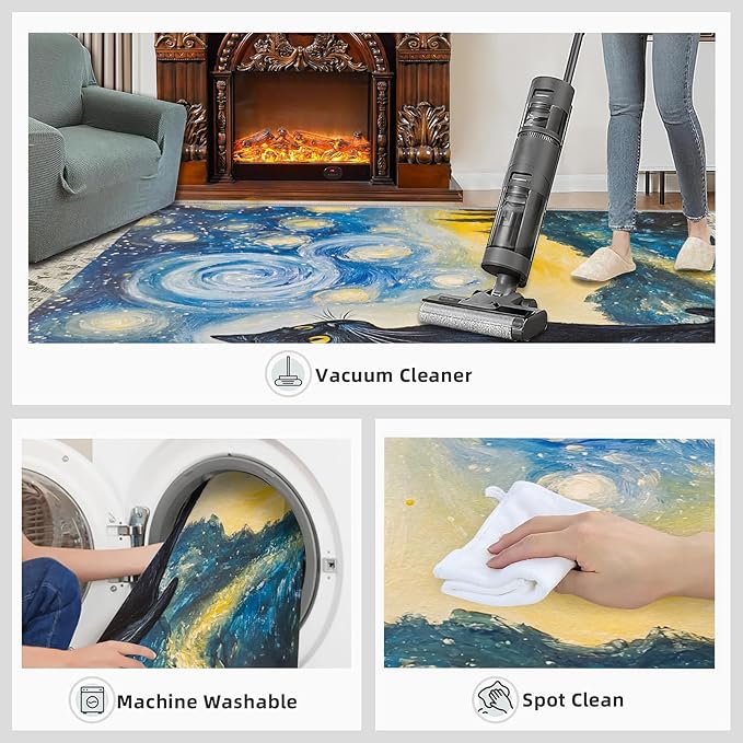 Black Cat Rugs for Bedroom - 2x3 Area Rug - Starry Sky Countryside Rugs for Living Room, Vintage Oil Painting Art Rug, Washable Home Decor Carpet