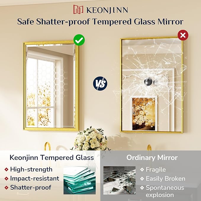 Keonjinn 48" x 24" Gold Bathroom Vanity Mirror, Brushed Gold Wall Mirrors Full Length, HD Tempered Glass with Beveled Edge, Decorative Aluminum Alloy Frame, Rectangular Mirror(Vertical/Horizontal)
