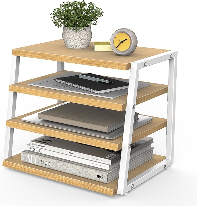 Fenge Desk Shelf Organizer, 4 Tier Desktop Shelf, Wood and Metal Office Shelves, Corner File Organizer for Office Supplies, Top of Desk Organizers and Accessories