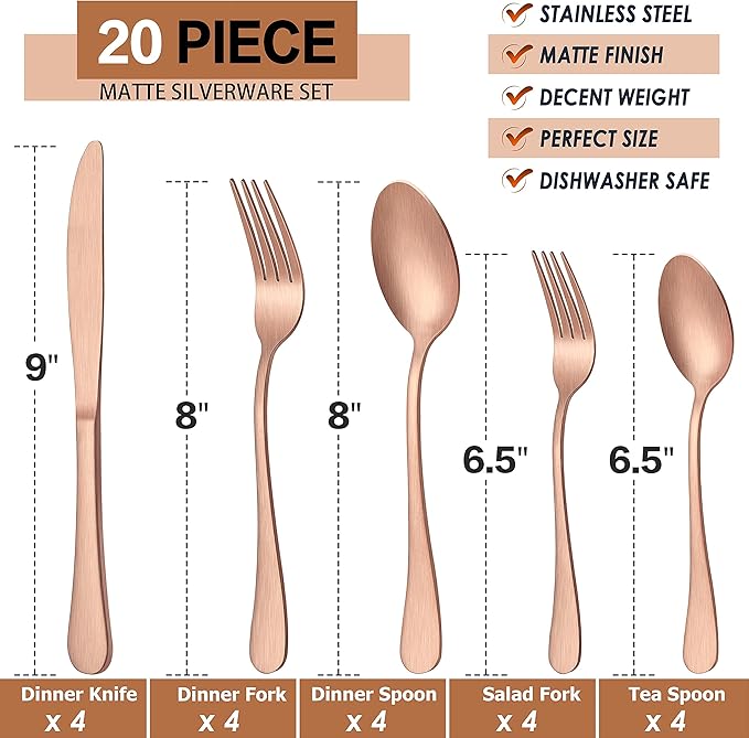 LIANYU 20 Piece Matte Copper Silverware Set, Stainless Steel Copper Flatware Cutlery Set for 4, Fancy Kitchen Utensil Tableware for Home Restaurant Party, Satin Finish, Dishwasher Safe
