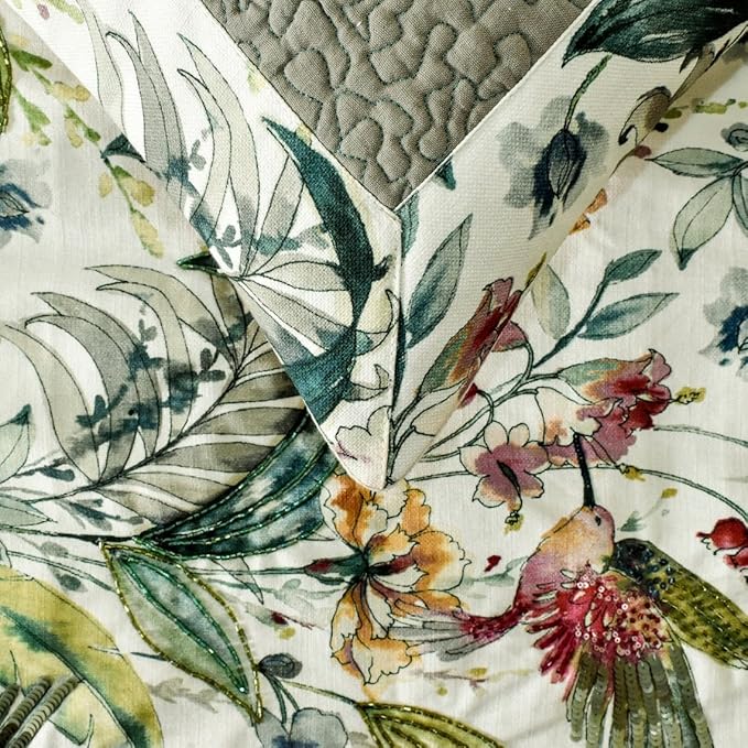 The HomeCentric King Queen Twin Ivory & Multi Designer Full 68"x18" Bed Runner Without Pillow Cover, Bird, Sequins & Beaded Bed Scarf on Cotton Fabric - Exotic Birds