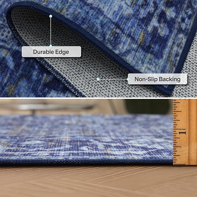 ReaLife Rugs Machine Washable Area Rug - Living Room Bedroom Bathroom Kitchen Entryway Office - Padded Low Pile Stain Resistant Premium - Boho Vintage Traditional - Lyle - Blue 7'6" x 9'6"