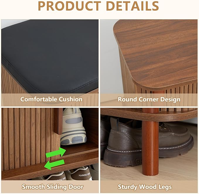 Shoe Bench, Entryway Shoe Cabinet with Leather Cushion and Sliding Door, Modern Shoe Storage Organizer for Living Room, Hallway (Walnut)
