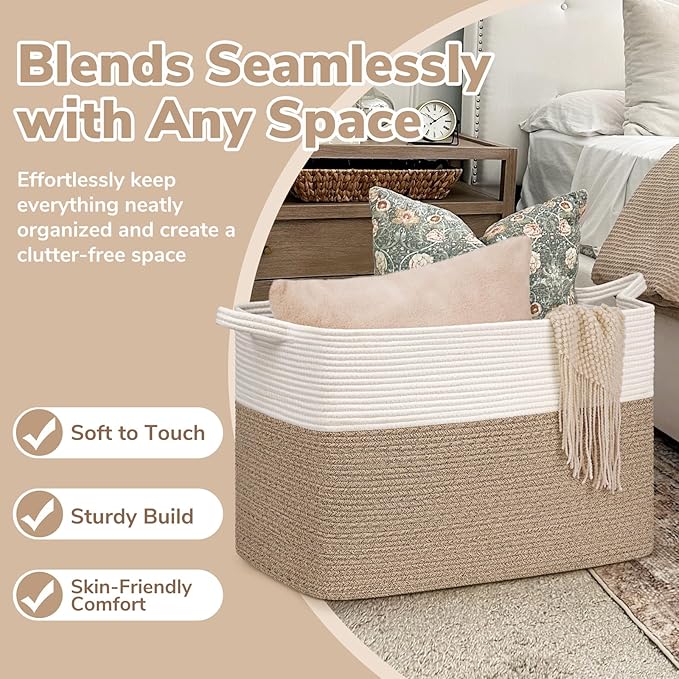 Goodpick Large Woven Blanket Basket 105L, 25"x16"x16" Cotton Rope Organizer for Toys, Dirty Clothes, Extra Large Rectangle Storage Basket for Living Room, Bedroom, White & Brown