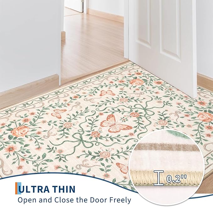 GarveeHome 8x10 Beige Floral Rugs for Living Room Washable Rugs Non Slip Stain Resistant Bedroom Floral Rug Low Pile Soft Dining Room Throw Carpet Beige Bow Large Carpet for Home Office Decor, 8x10