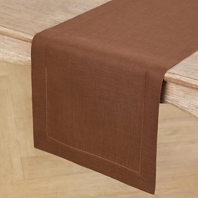 Solino Home Linen Brown Table Runner 120 Inches Long - 100% Pure Linen Hemstitch 14 x 120 Inch Table Runner for Dining - Classic Hemstitch